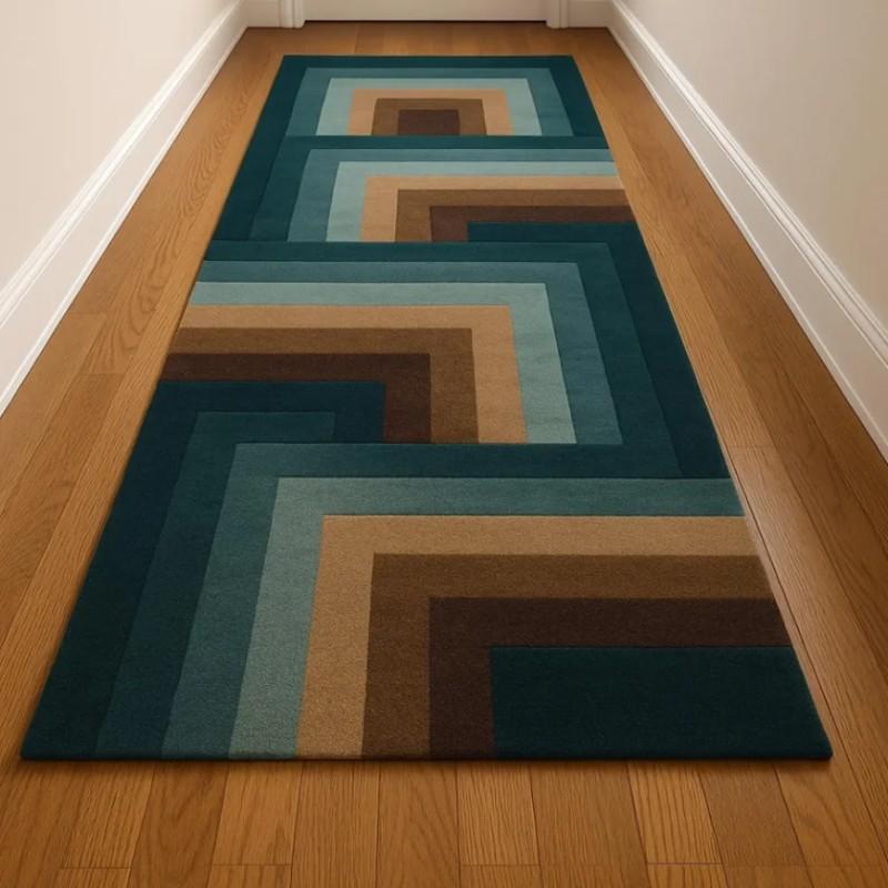 Hand Tufted Wool Runner Rug, Modern Geometric Teal Brown for Hallway Home Decor