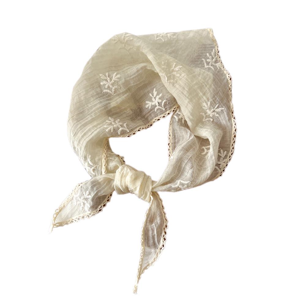 Хлопково-льняной треугольный шарф с кружевом в корейском стиле: Женский весенне-летний аксессуар для защиты шеи и от солнца