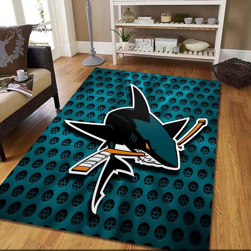 San Jose Sharks Flannel Pattern Square Carpet,Area Rug,Carpet Rug for Living Room Bedroom Sofa Playroom Decor,Non-slip Floor Mat