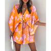 Summer Holiday Printed Beach Dress Lace-up A-line Bohi Short Dress V-neck Women Flying Sleeve Button Loose Casual Clothing 26524