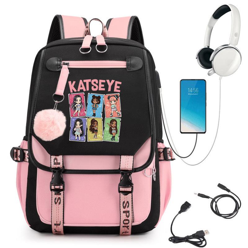 KATSEYE K-pop Cartoon USB Charging Backpack Student Bookbag Lightweight Water-Resistant Laptop Daypack