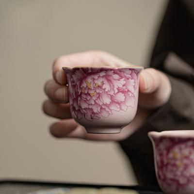Розовая чашка с пионом печи Жу, бытовая керамическая чайная чашка, мастер-чашка, чайная чашка, можно поднимать открытую трещину