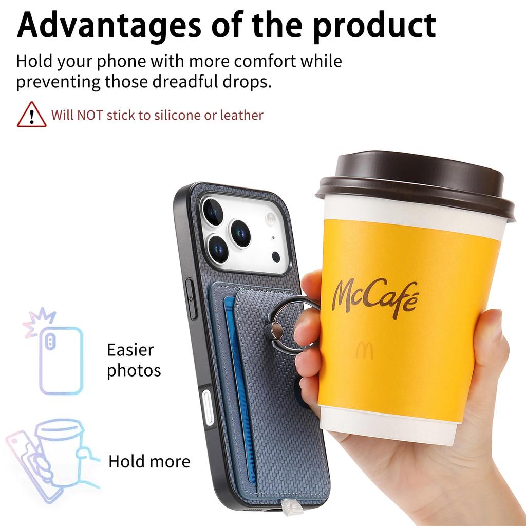 For iPhone 17 Pro Case Ring Kickstand Leather Back Cover with Magnetic Detachable Card Holder