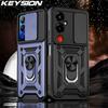 KEYSION Shockproof Armor Case for Tecno Pova 4 Pro Slide Camera Protection Ring Phone Cover for Infinix Hot 12 20 4G