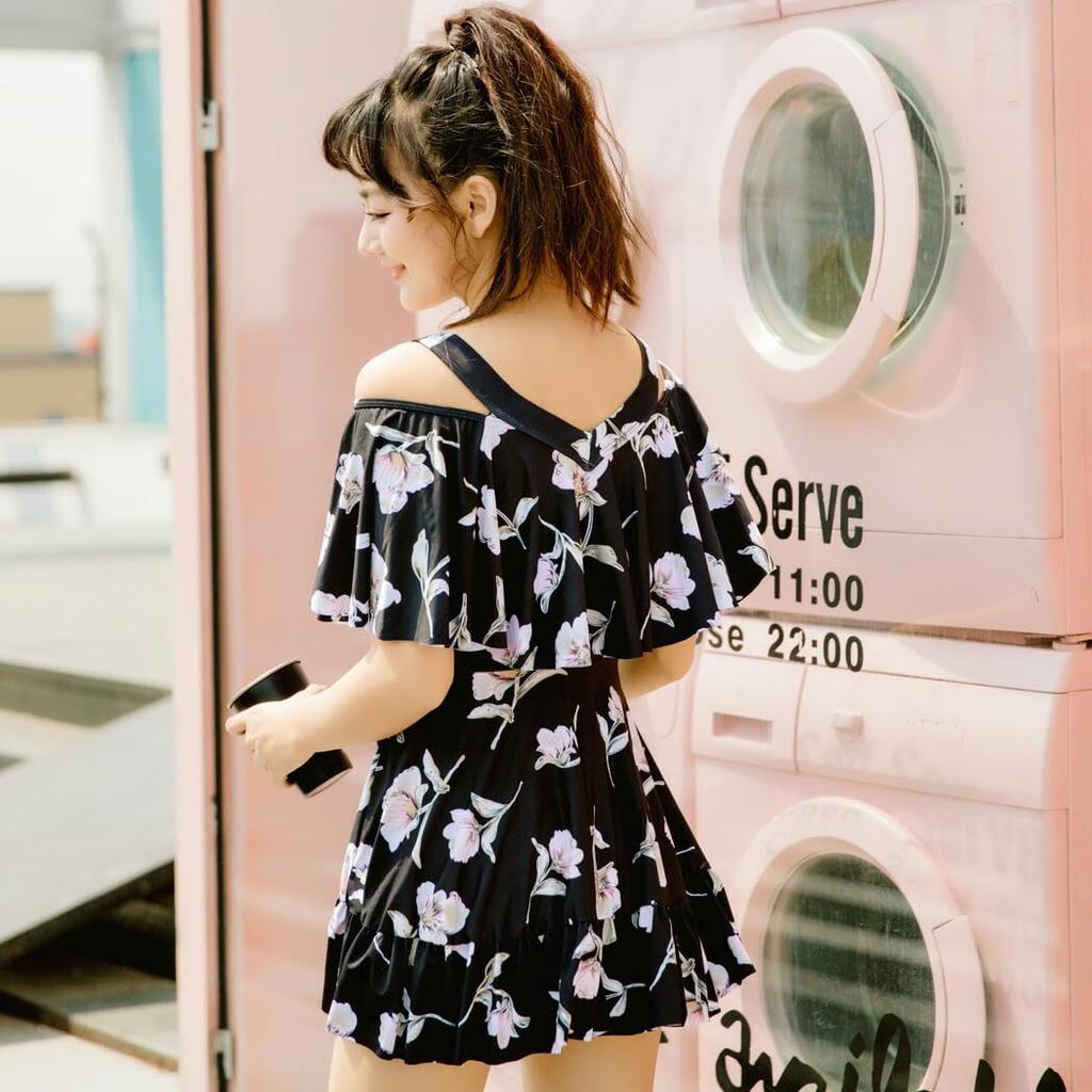 TeddyShop Купальник, закрывающий тело, цельный, для взрослых, с открытыми плечами, расклешенный, большого размера hys1515 XL, черный, женский, все в одном (нет. 11)