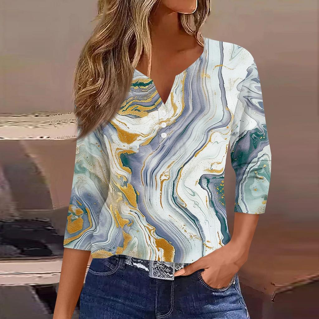 Women's T Shirt Tee Print Button 3/4 Sleeve Daily Weekend Fashion Basic V- Neck Regular Top