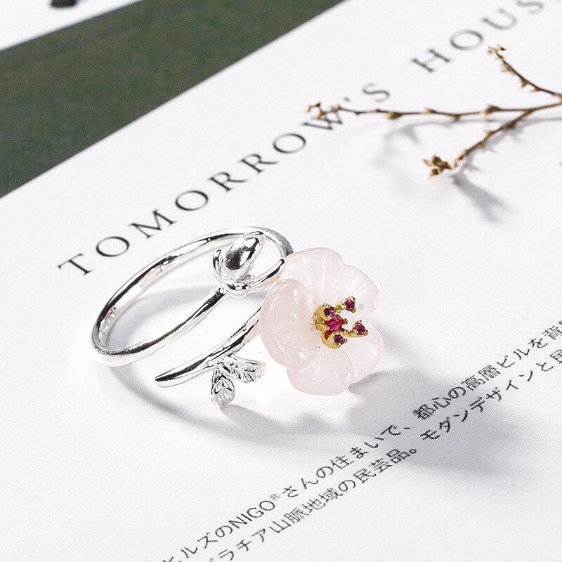 S925 Pure Silver Inlaid Natural Powder Crystal Plum Blossom Fresh and Sweet Women's Opening Ring Ring Wholesale