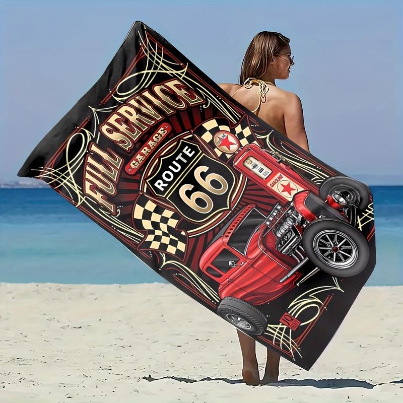 Vintage Route 66 Design Beach Towel, Retro American Road Art Quick-Dry Sand-Free Microfiber Bath Towel for Travel and Camping
