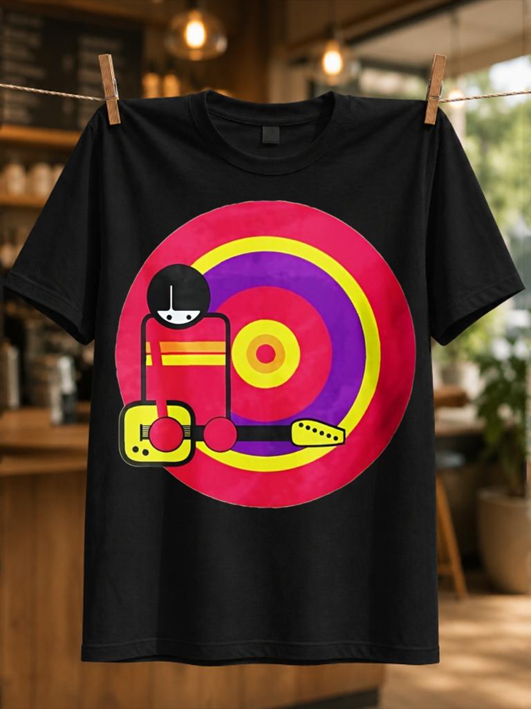Los Planetas Red Yellow Target Circle With Abstract Guitarist Figure And Bold Pop Color Indie Rock Unisex All TShirt