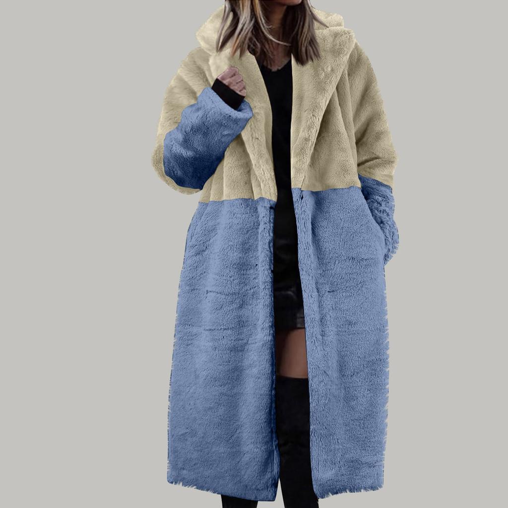 Women's Long Color Blocking Fashionable Winter Loose Flip Collar Plush Jacket