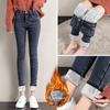 Ayollar uchun yuqori bel qismli, tor, plyushli jinsi - Qish uchun qalin, elastik, slim-fit qalam shimlar