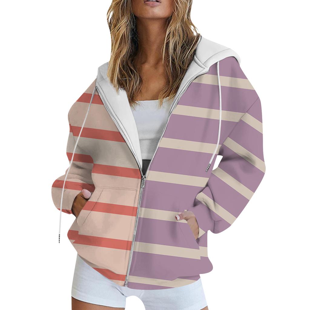 Women's Long Sleeve Print Sweatshirt Long Sleeve Pocket Jacket Zipper Hoodie Coat