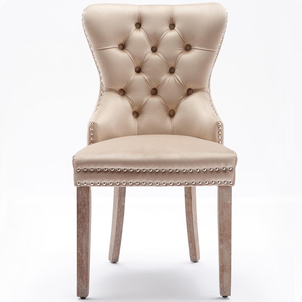 Dining Chair (Kitchen Chair with Unique Door Knocker on the Back, 4 pcs), Upholstered Chair with Nailhead Trim, Solid Wood Legs, Velvet Cover, Beige