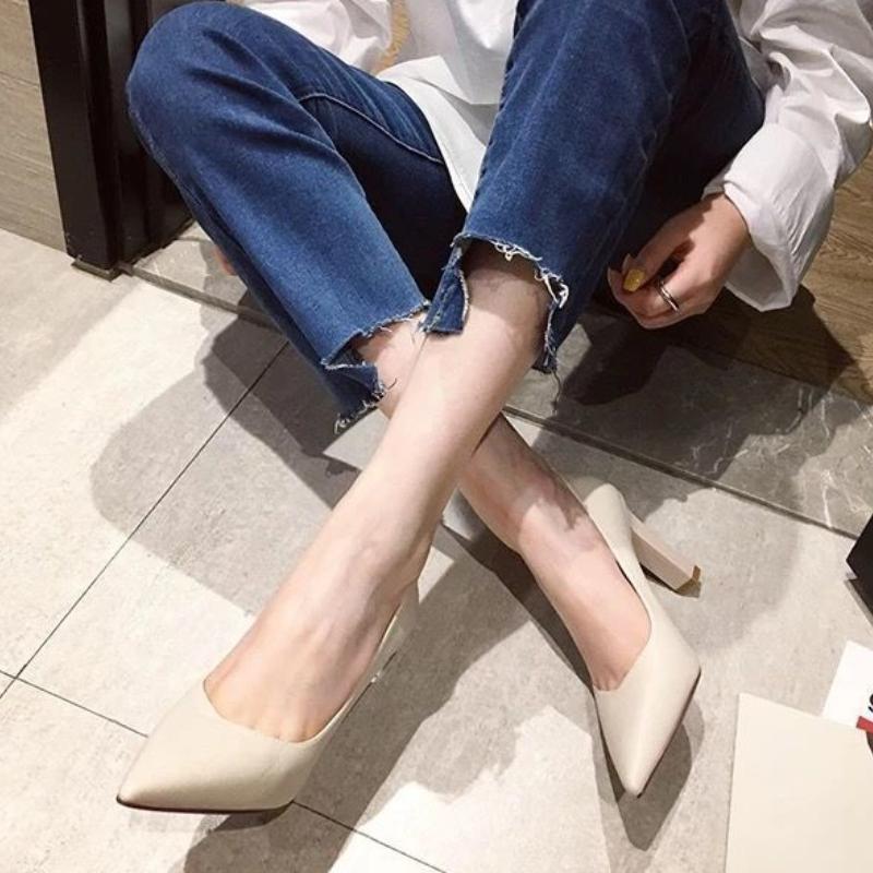 Ladies Summer Footwear Pointed Toe Shoes for Women 2024 Office Super High Heel Black Formal Square Heels Genuine Mark Beau Today