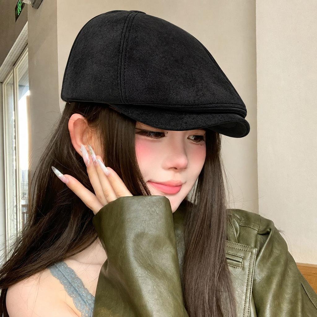 British retro suede forward hat autumn and winter men's and women's solid color versatile newsboy hat showing face ducktongue painter hat