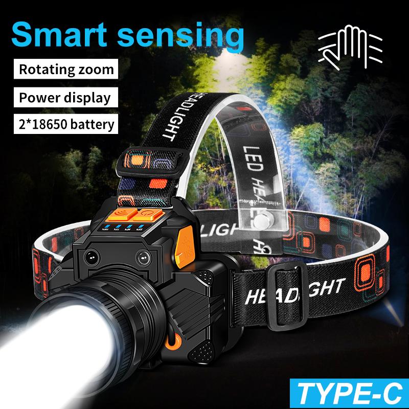 60w LED Headlight, Rechargeable, Ultra Bright Headlight with 4 Modes, Zoomable, Digital Display, IPX6 Waterproof Headlight