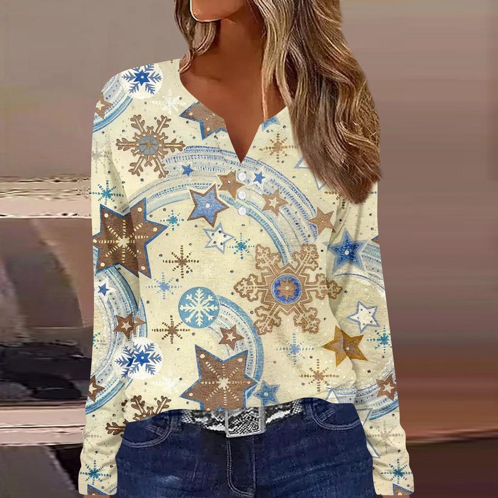 Женская мода повседневная цветочная рождественская печать V-образный вырез с длинными рукавами на пуговицах с длинными рукавами топ