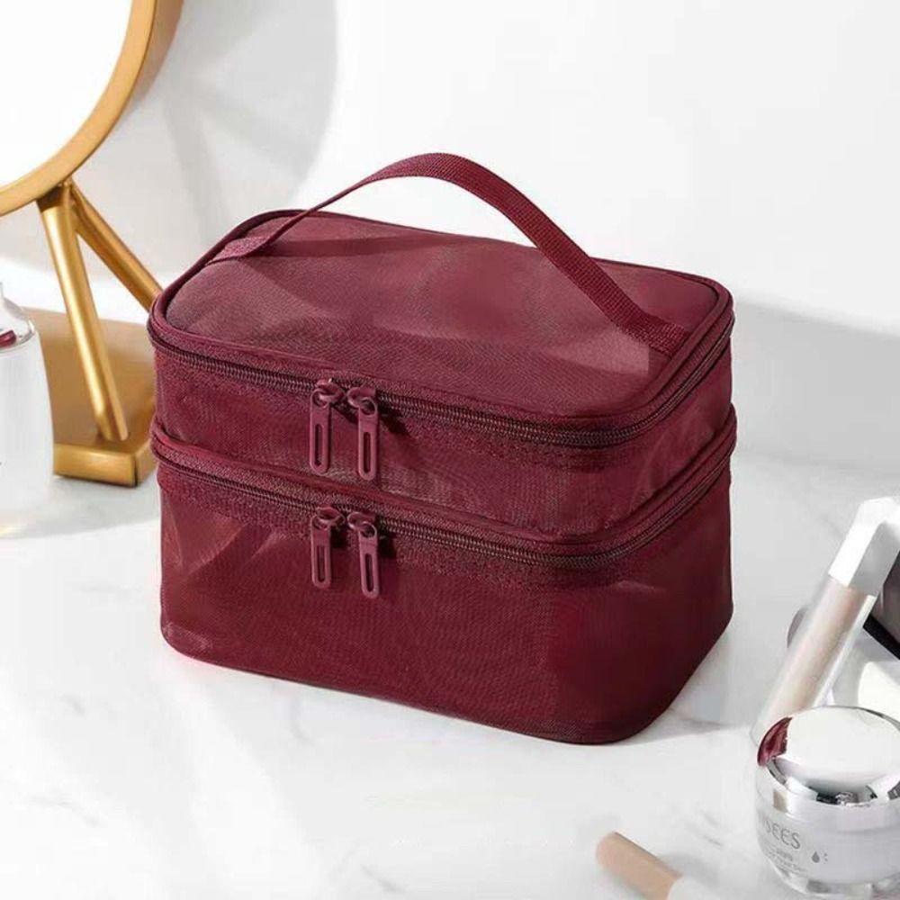 Zipper Mesh Cosmetic Bags Transparent Toiletries Organizer Simple Double-layer Storage Bag  Women