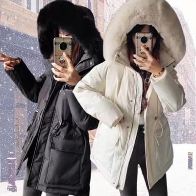 Зимняя толстая теплая хлопковая куртка-пуховик для женщин, повседневное однотонное пальто с большим меховым воротником и шнурком, элегантное женское короткое пальто с капюшоном