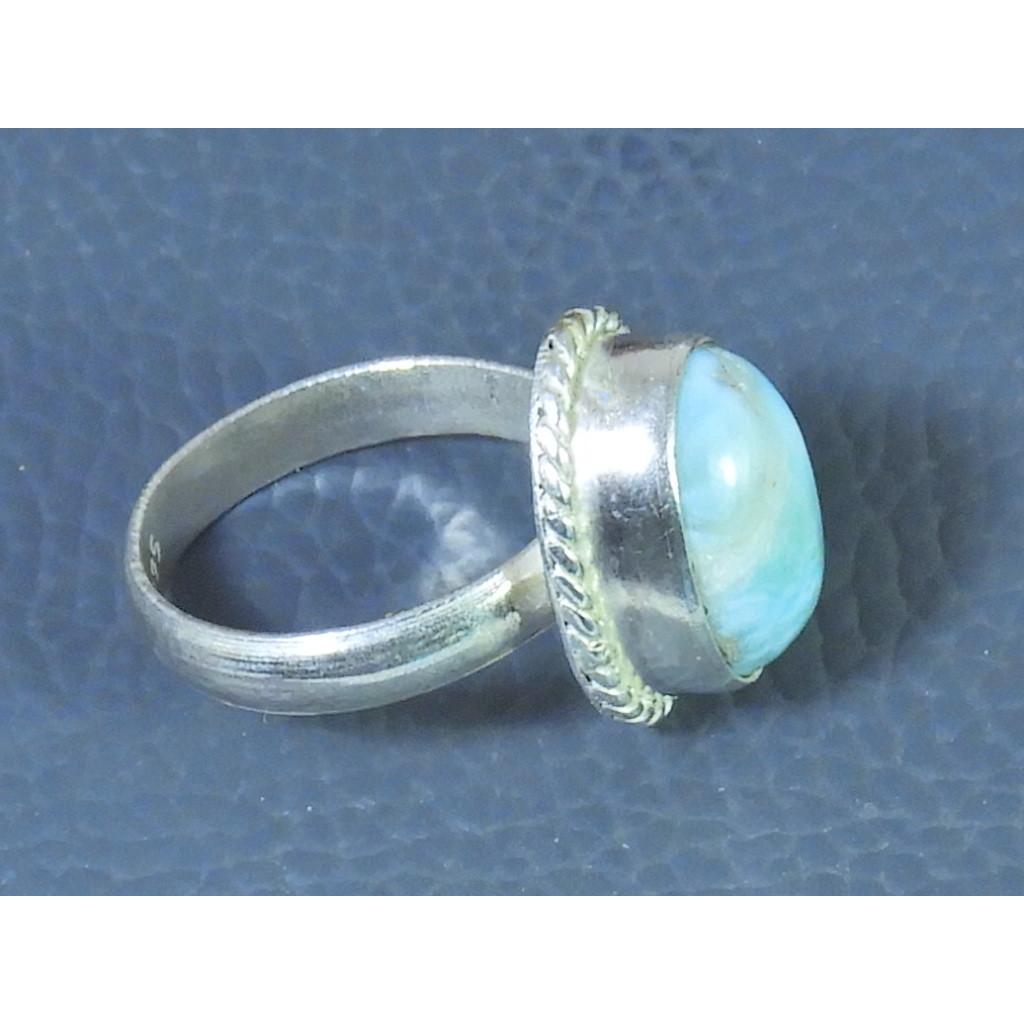 Natural Blue Larimar Solid 925 Sterling Silver Handmade Oval Ring Size US-7 MK-10