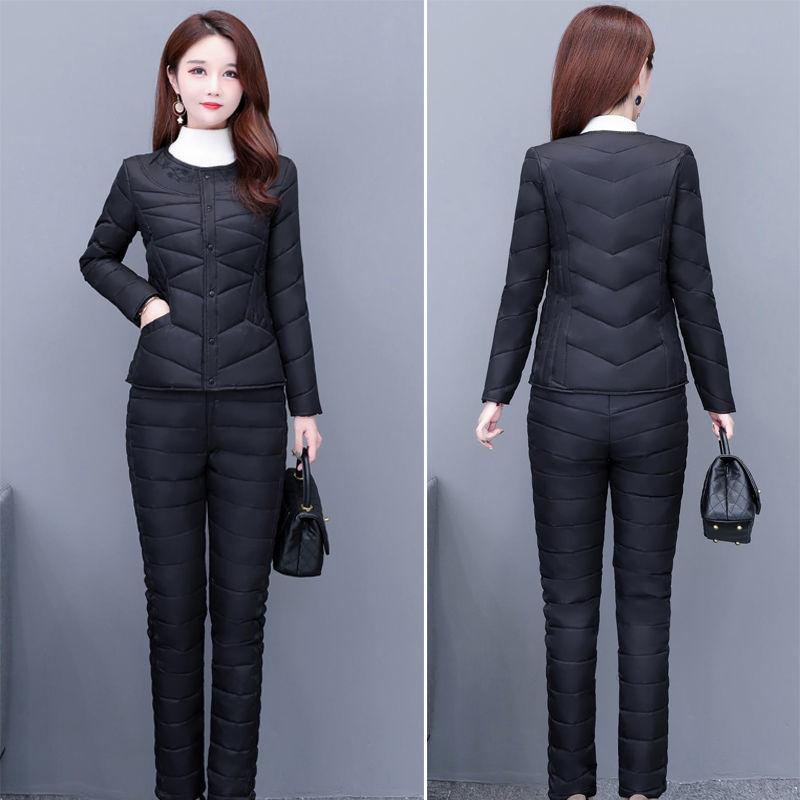 Winter Down Cotton Lined Slim Two Pieces Sets Warm O Neck Button Coat Ensemble High Waist Straight Pants Suits Snow Wear Outfit