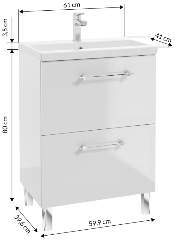 Szafka łazienkowa z umywalką baterią i syfonem 60x80cm Stojąca Biały połysk Cassandra