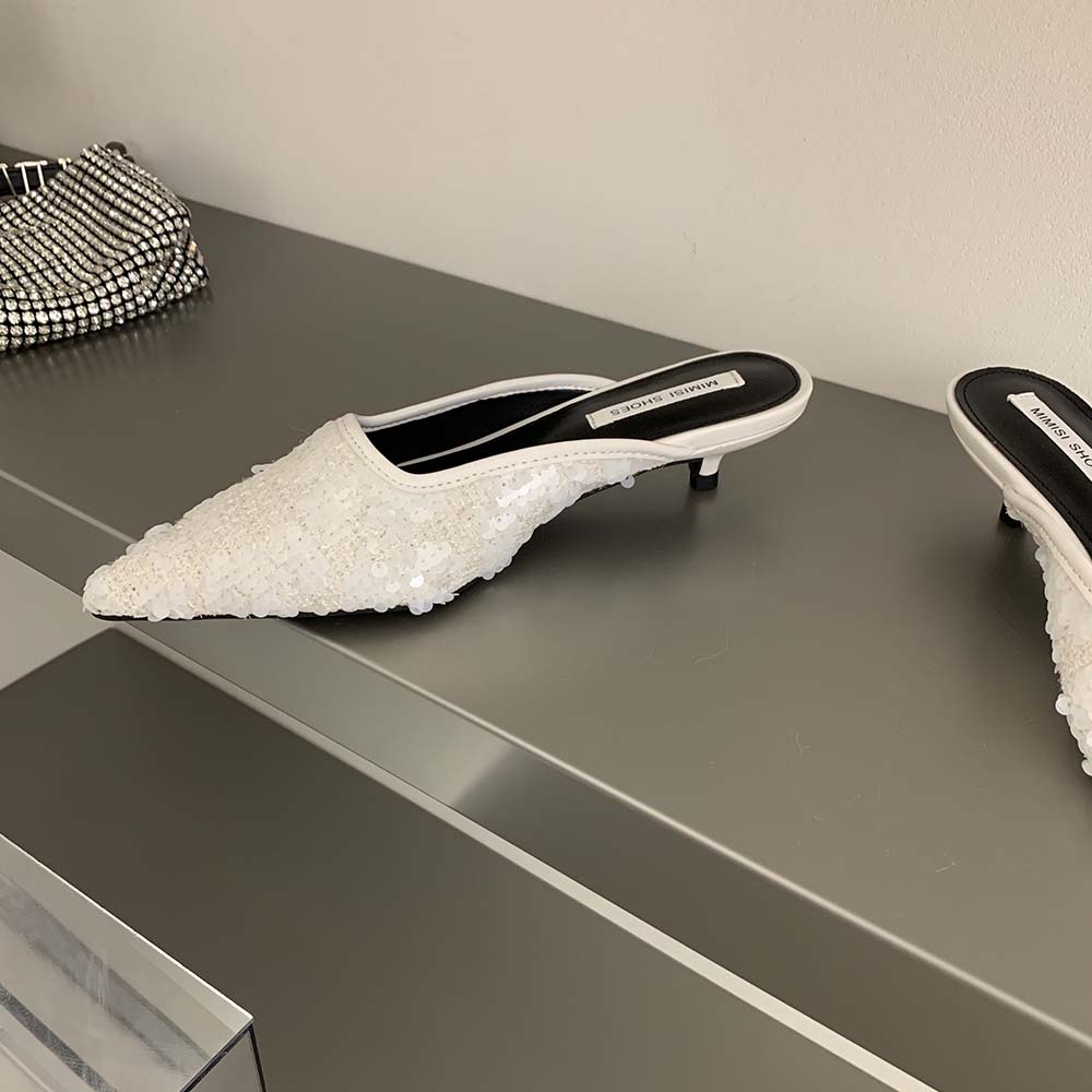 Fashion Fashion Women Slides Slippers Pointed Toe Sequined Cloth Party Dress Shoes Thin Low Heeled Black White Pink Fashion Dress Shoes