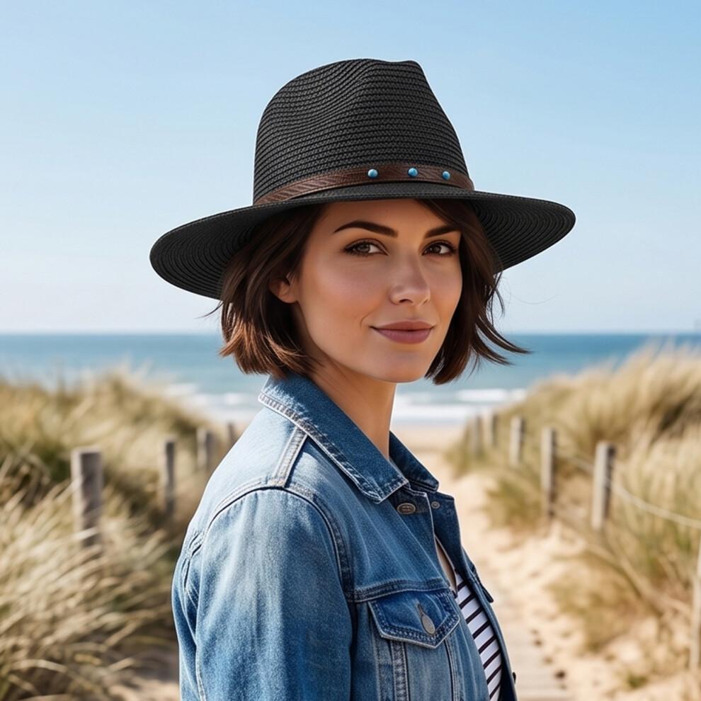 (One Size, Black) Men Straw Panama Hat, Wide Brim Sun Hat Lightweight Summer Top Hat for Outdoor Beach