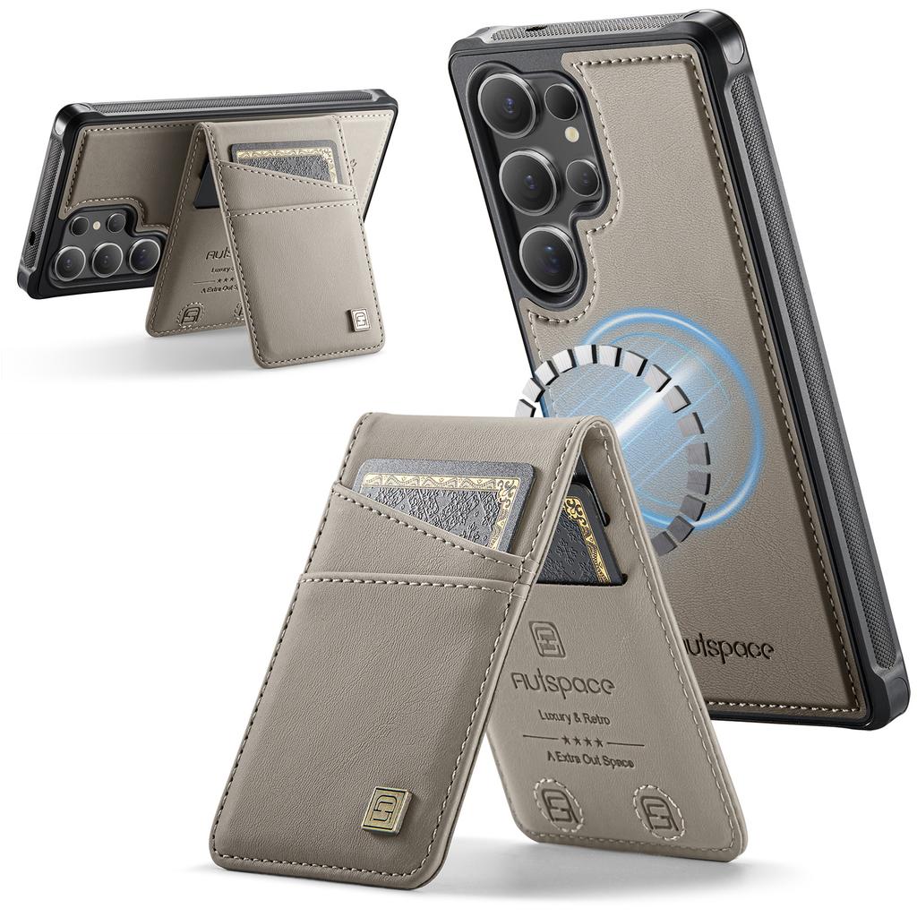 For Samsung Galaxy S24 Ultra Case AUTSPACE A12 Leather Back Cover with Magnetic Detachable Card Bag Kickstand