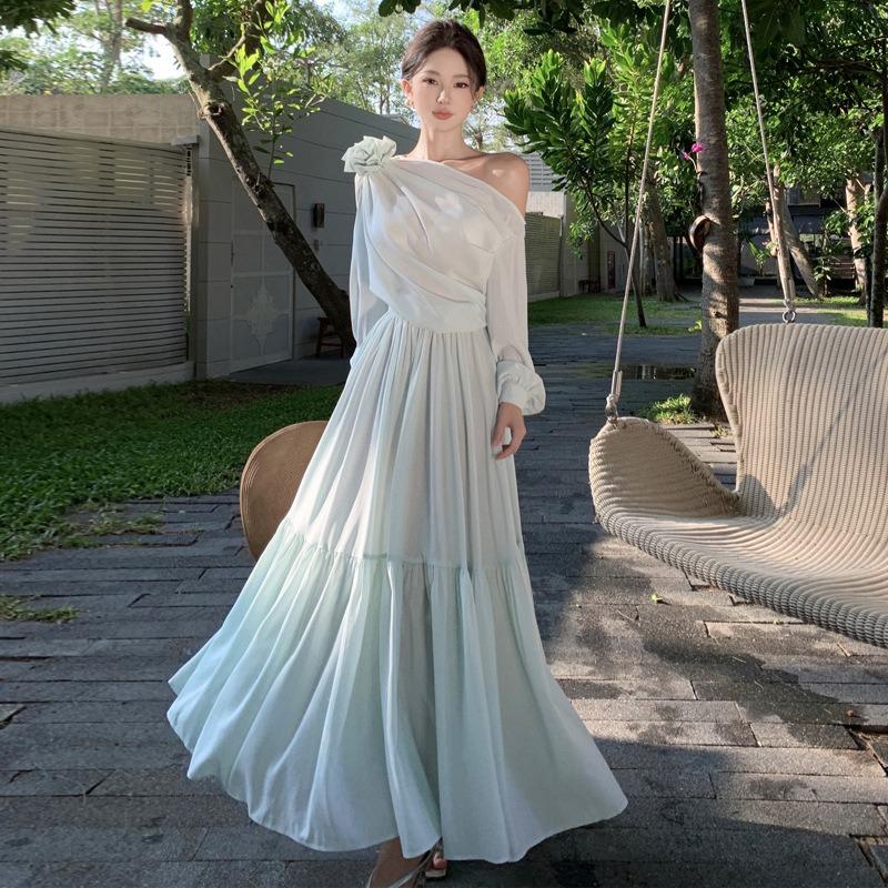 Французский темперамент Высококачественное платье для отпуска с воротником-бандо Мятно-зеленое Весна-Лето Защита от солнца