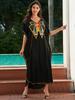 Plus Size Black Embroidered Kaftan Black Summer Long Beach Dress Women Homewear Outfit Swim Suit Cover Up Loose Caftan
