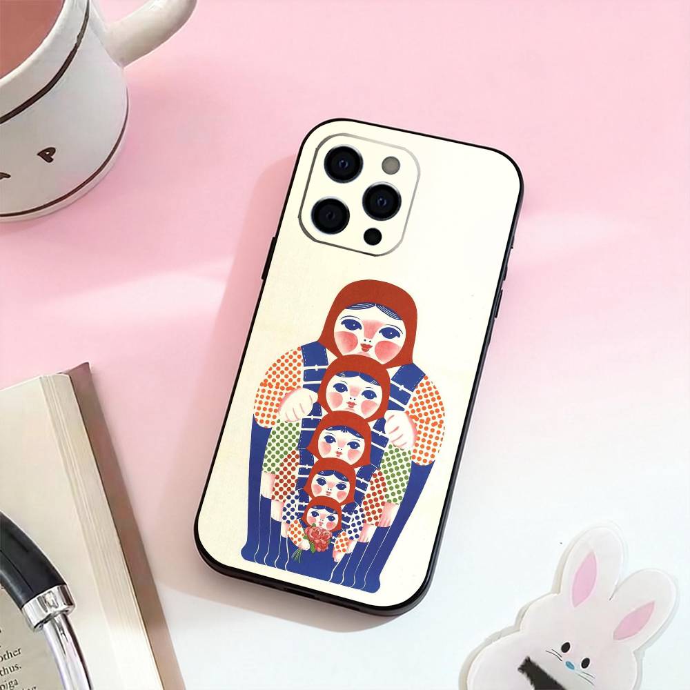 Russian Dolls Matryoshka Phone Case For iPhone 17,16,15,14,13,12,11 Plus,Pro Max,Soft Silicone Black Cover