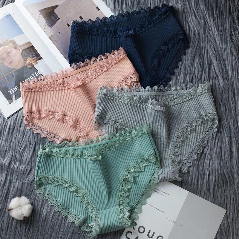 4 PCS Solid Color Women's Panties Lace Threaded Underwear Female Mid-Waist Soft Comfortable Lingerie Girl Lingerie Sexy Woman Clothes