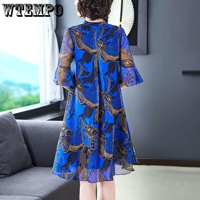 Женское летнее шифоновое платье в стиле ретро, ​​свободные шелковые платья средней длины с принтом