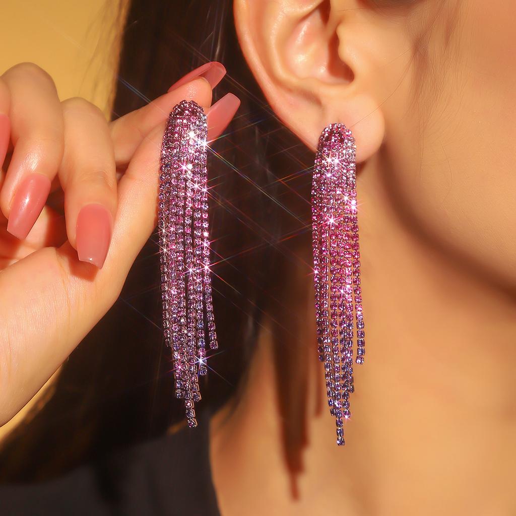 Colored Shiny Rhinestone Long Fringed Earrings
