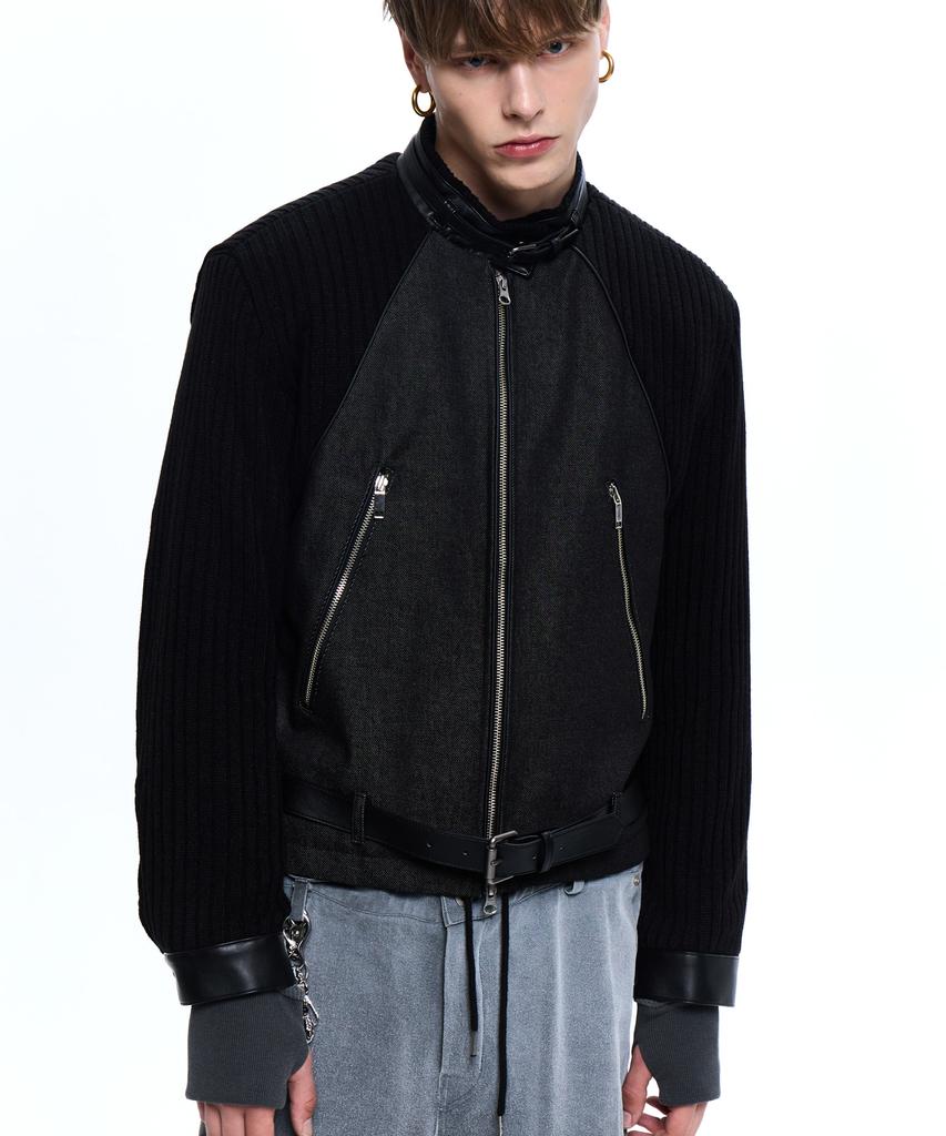 Rssc Knit & Denim Belted Biker Jacket - Black