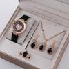 Y717 PU Leather Strap Heart Rhinestone Dial 5 Pcs Women Watch Jewelry Set  Black Gem Necklace Ring Earring for Gift