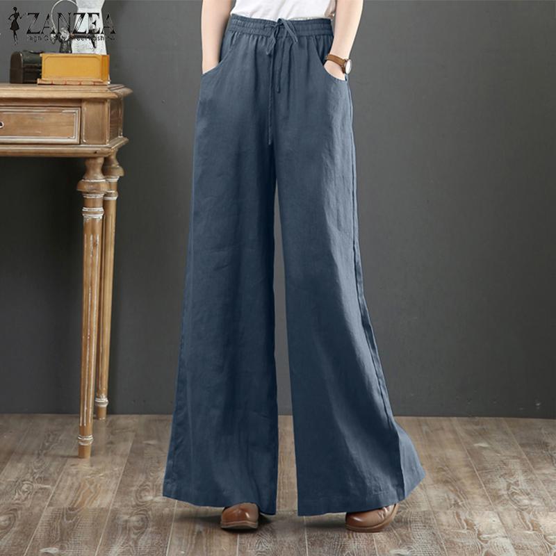 ZANZEA Vintage Women Elastic Waist Business Casual Wide Leg Trousers Culottes Flare Long Pants