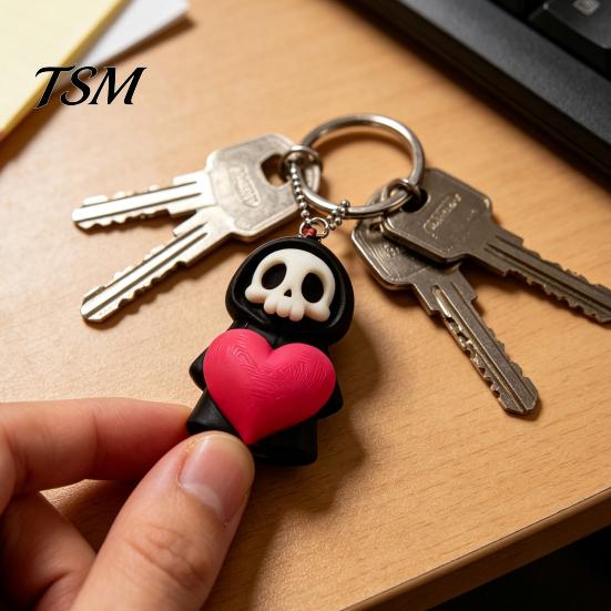 Grim Reaper Hanging Pendant Holding Heart Keychain Charm, 3D Printed Gothic Skull Decor with Ball Chain, Backpacks Bags Purse Decoration, Halloween