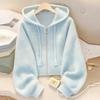 Autumn Spring Lazy Style Soft Blue Cardigan Sweaters Women Long Sleeve Elegant Knitted Jacket Sweet Design Female Casual Hooded Outwear Tops