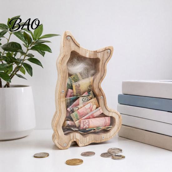 Safe Wooden Money Box Dog Piggy Bank with Clear Front, Unbreakable Puppy Coin Cash Visible Saver Container, Decorative Animal Saving for Boys