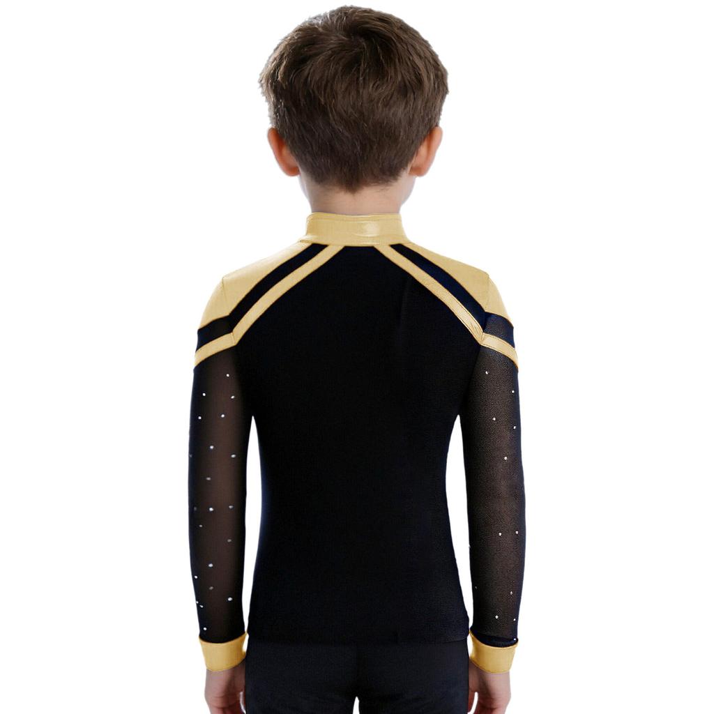 Boys Skating Performance Top: V-Neck Long Sleeve Rhinestone Color Block with Split Hem for Competition Costume