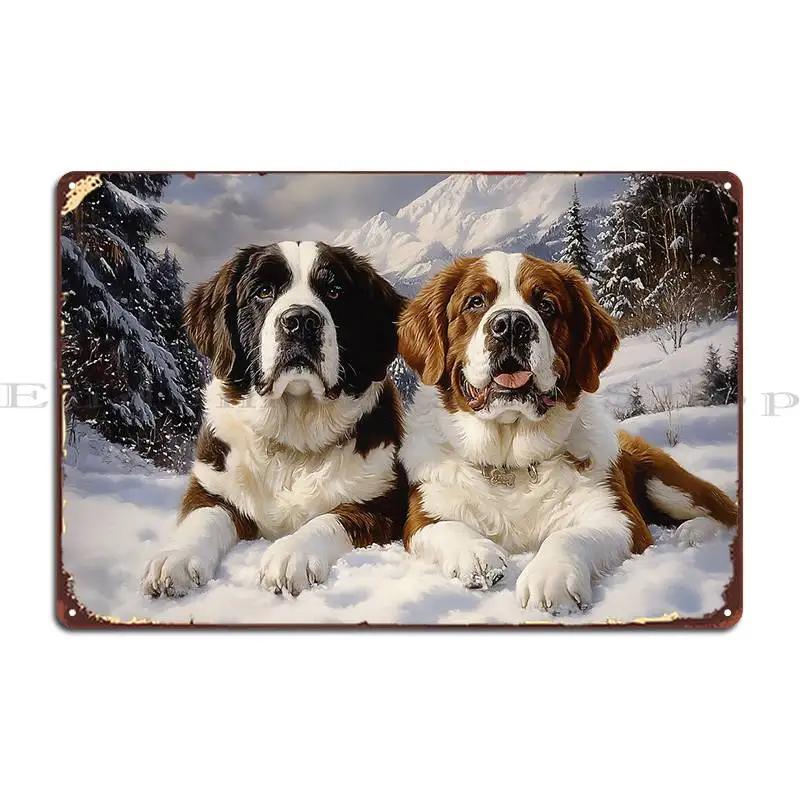 Two Saint Bernards In Snow Metal Plaque Poster Personalized Club Mural Custom Cinema Tin Sign Poster