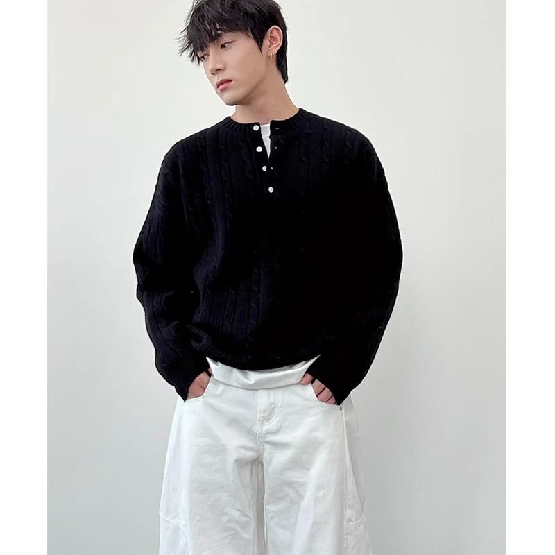 Мужской свитер высокого качества в корейском стиле с воротником хенли — плотная вязка, скрученная вязка, свободный крой, для весны и осени