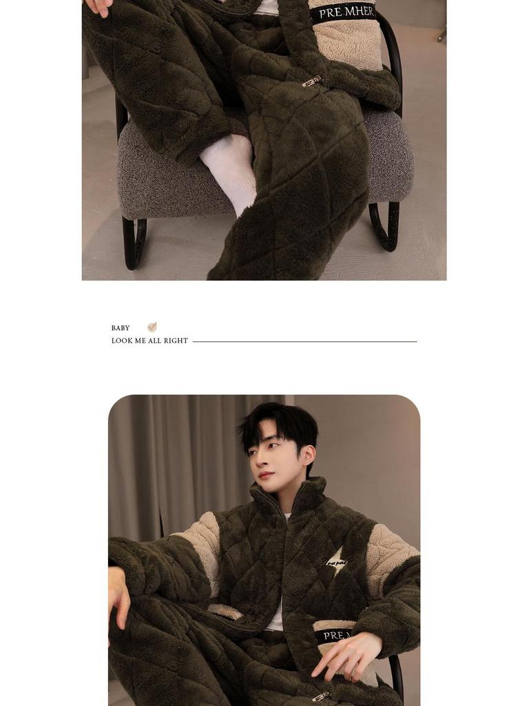 Men's Three-Layer Thickened Cotton Winter Pajamas - Warm, Simple, Luxury, and Suitable for Indoors and Outdoors.