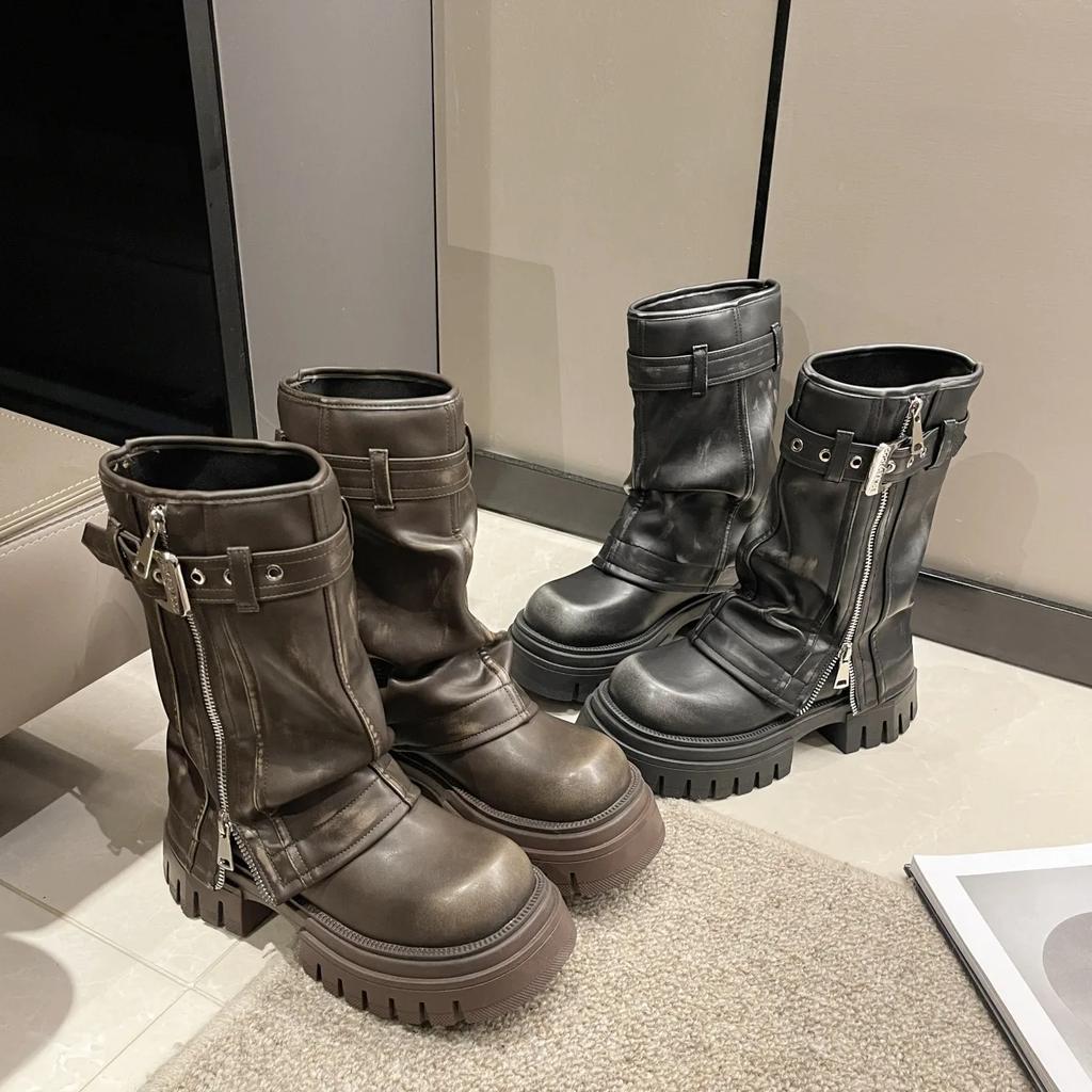 Women Fashion Platform Western Cowboy Ankle Boots Women Autumn Retro Brown Chunky Heel Trouser Boots Thick Sole Western Boots