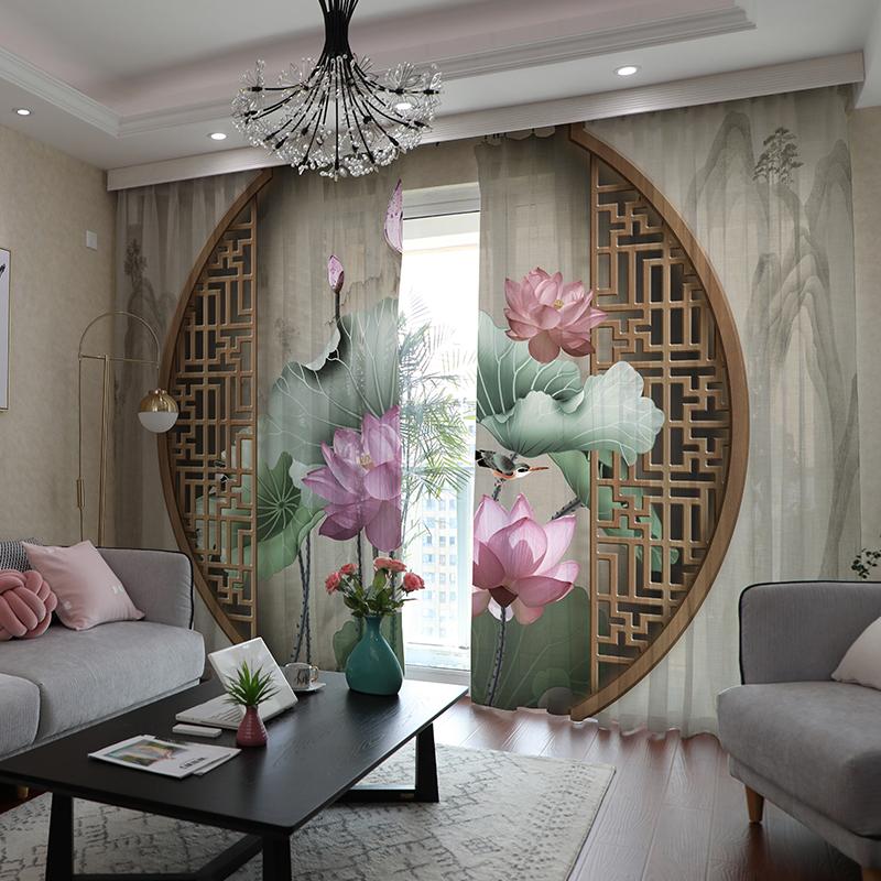 Chinese Curtain Chinese Style Ink Landscape Bamboo Lotus Lucky and Rich Living Room Bedroom Cortinas Semi-shading Decoration