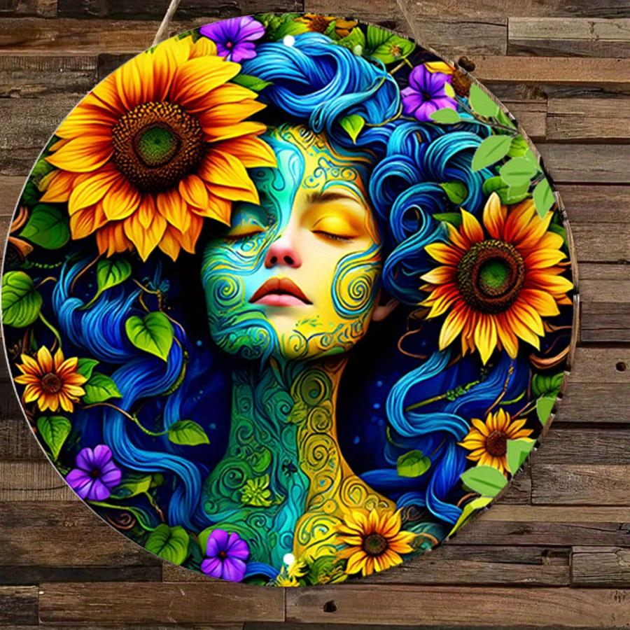 2D Flat 20*20cm1pc Earth Goddess Sunflower Mandala Pattern Round Girl Bedroom Environmental Decor, Color Printed Wood Panel Wall Hanging, Boho Style