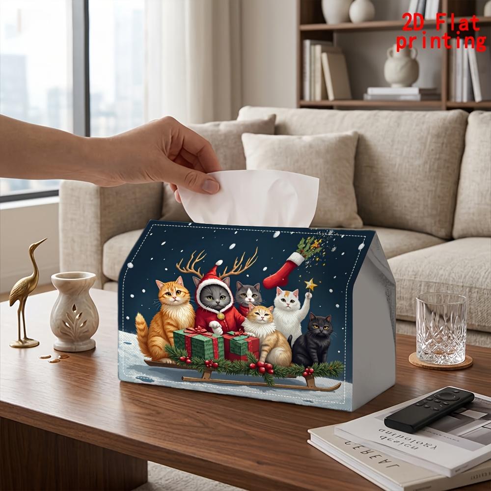 1pc Christmas Cat Sleigh Tissue Box with Kitty Tissue Dispenser - Reusable Suitable for Kitchen, Car, Office, Parties - Decorative Holder for Napkins