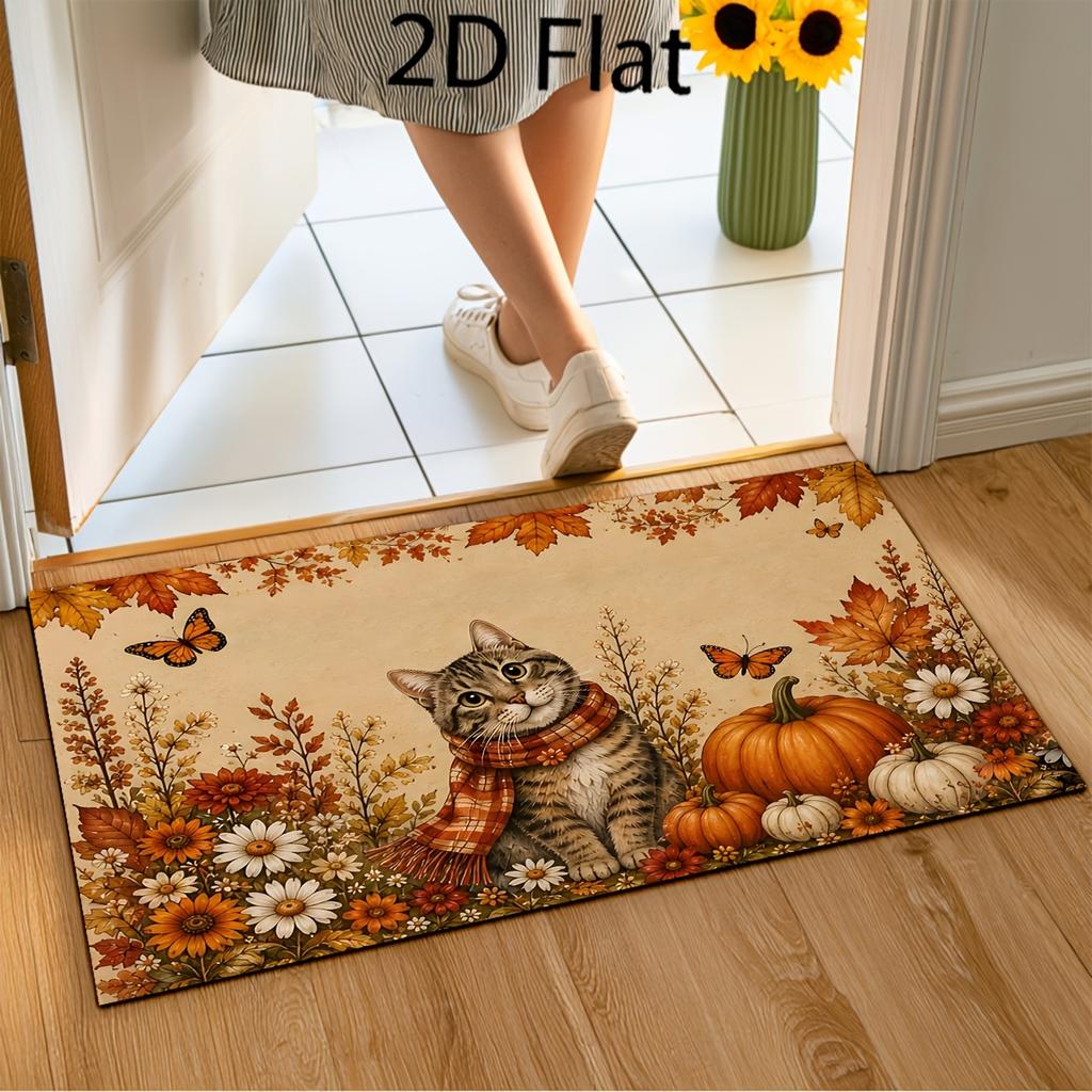 Autumn Cat-Themed 2D Flat Print Welcome Doormat, Thanksgiving Home Decor Floor Mat, Absorbent Non-Slip Entrance Mat for Front Door, Living Room Entryw